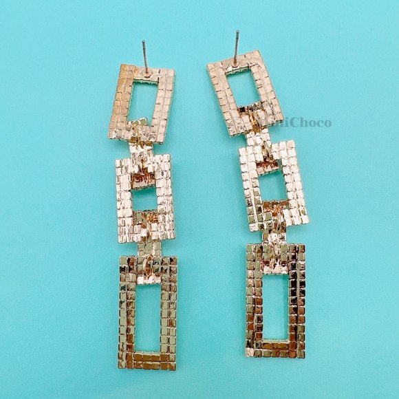 Gold Tone Rhinestone Rectangle Chain Link Earrings - Picture 5 of 10